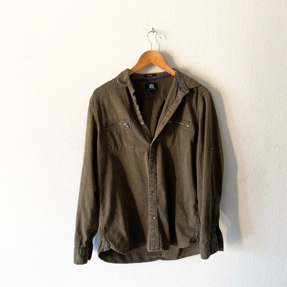 Rock & Republic olive green zipper pocket long sleeve button down L cotton blend